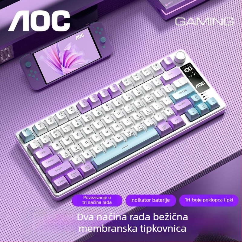 Gaming tipkovnica, bežična trostruka povezanost (2.4G/Bluetooth), do 87 tipki, silikon materijal, uz naslon za zapešće, višebojno osvjetljenje