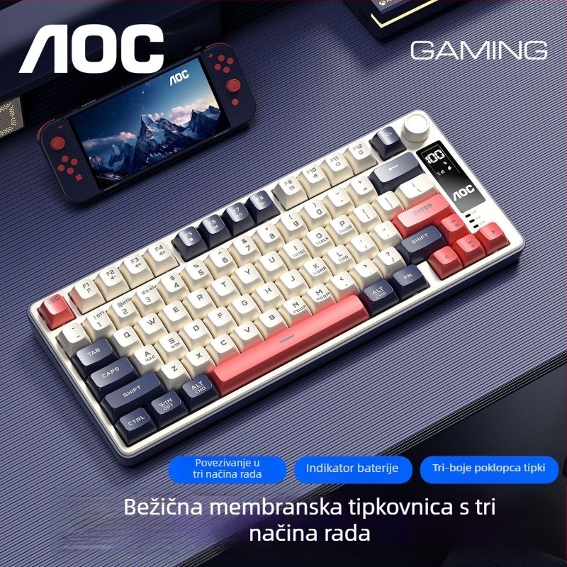 Gaming tipkovnica, bežična trostruka povezanost (2.4G/Bluetooth), do 87 tipki, silikon materijal, uz naslon za zapešće, višebojno osvjetljenje