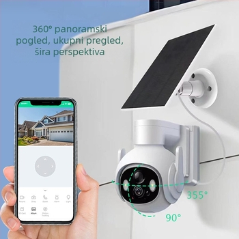 Solarna vanjska kamera za kućni nadzor s Wi-Fi, HD noćni prikaz, minimalno osvjetljenje 0,002 lx, SNR > 44 dB, senzor 1/2.7, napajanje 5V, radna temperatura -5 do 55°C