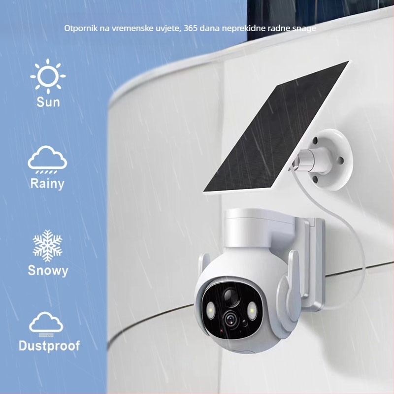 Solarna vanjska kamera za kućni nadzor s Wi-Fi, HD noćni prikaz, minimalno osvjetljenje 0,002 lx, SNR > 44 dB, senzor 1/2.7, napajanje 5V, radna temperatura -5 do 55°C