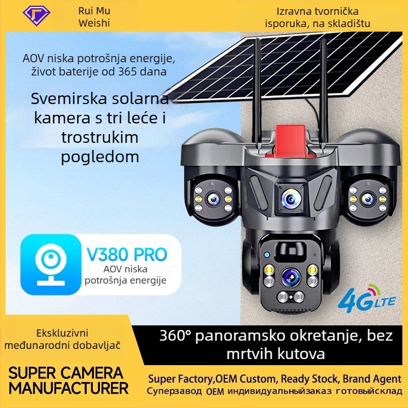 Solarna sigurnosna kamera s 4G/WiFi, vodootporna noćna vizija, vanjska upotreba, sustav s tri objektiva, napajanje 5V