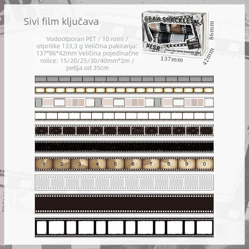 Kutija washi trake – Time Film serija, tema fotoaparata, DIY materijal s dekorativnim kružnim naljepnicama, 2 stilova; Debljina 0,04 mm; Osnovni materijal PET; Brend Dark Shadow; Težina 130 g; Izlazak 2025-11-03