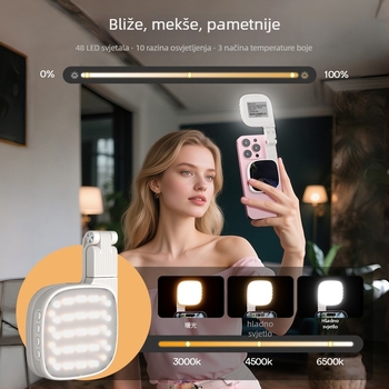 Magnetska preklopna LED svjetiljka za selfie i live streaming, mini prijenosno ogledalo, model XJ-105, snaga do 10W, napon 3,7V, baterija 1000mAh, temperatura boje 2500–9900K