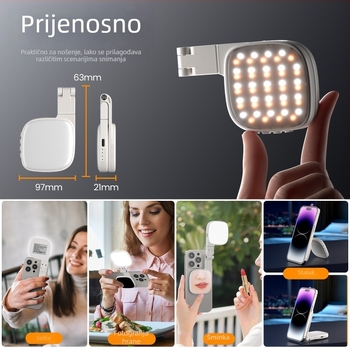 Magnetska preklopna LED svjetiljka za selfie i live streaming, mini prijenosno ogledalo, model XJ-105, snaga do 10W, napon 3,7V, baterija 1000mAh, temperatura boje 2500–9900K
