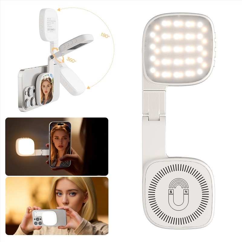 Magnetska preklopna LED svjetiljka za selfie i live streaming, mini prijenosno ogledalo, model XJ-105, snaga do 10W, napon 3,7V, baterija 1000mAh, temperatura boje 2500–9900K