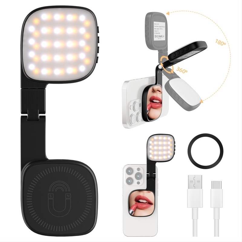 Magnetska preklopna LED svjetiljka za selfie i live streaming, mini prijenosno ogledalo, model XJ-105, snaga do 10W, napon 3,7V, baterija 1000mAh, temperatura boje 2500–9900K