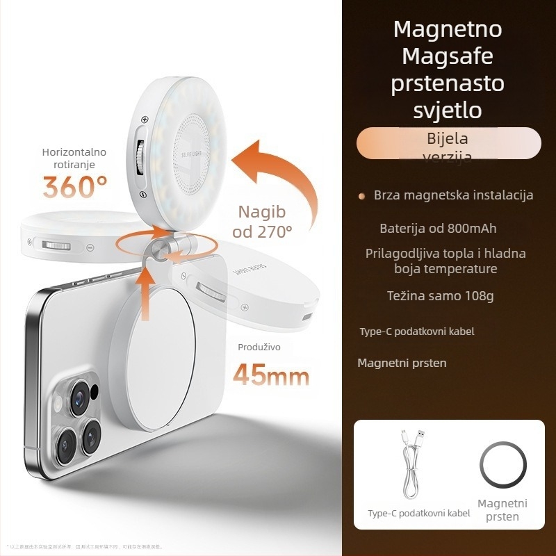 LED svjetlo za telefon — magnetsko ogledalo, džepno svjetlo za selfie, ručno, s tri boje temperature; snaga ispod 10W, 3.7V, model M28