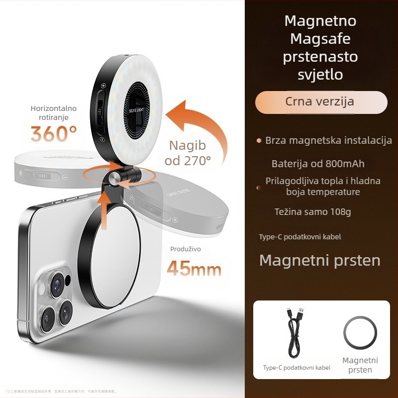 LED svjetlo za telefon — magnetsko ogledalo, džepno svjetlo za selfie, ručno, s tri boje temperature; snaga ispod 10W, 3.7V, model M28