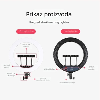 LED ring light za fotografiju, model 18S, tri boje temperature, 51–100W, 100–240 VAC, uspravno postavljanje