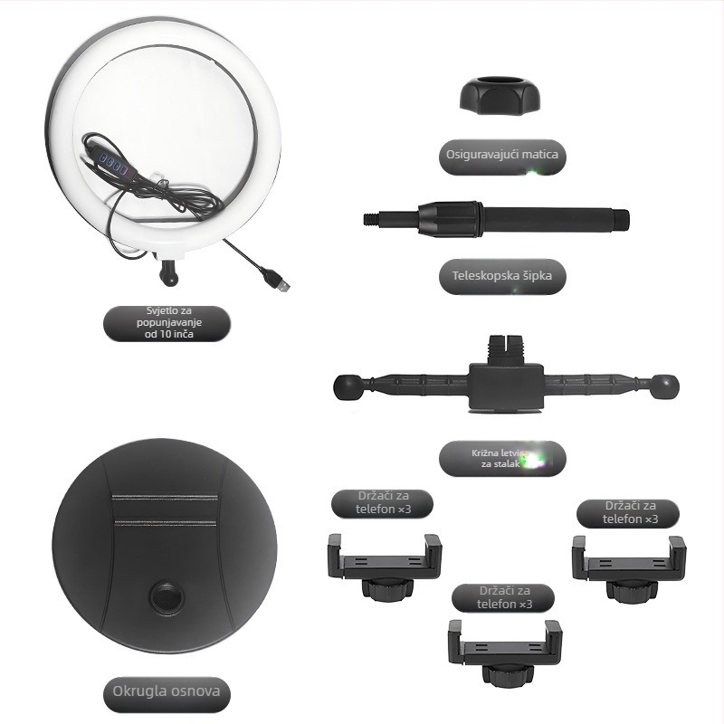 Stalak za mobitel za livestream s LED kružnim svjetlom, za živopisne fotografije, 15W LED, 15V napajanje, tri boje temperature, vertikalni način, model T00003