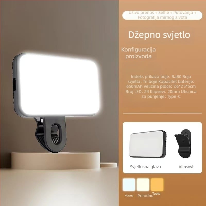 Mini klip svjetlo za fotografiju – ručno, tri boje temperature, ispod 10W, za ured i prijenos uživo