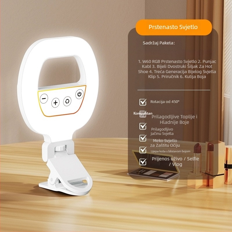LED svjetlo za telefon – prijenosna ručna svjetiljka za fotografiranje, selfije i prijenos uživo; model W60 RGB; podešiva temperatura boje 2500K–9900K; snaga ispod 10W; 3,7V