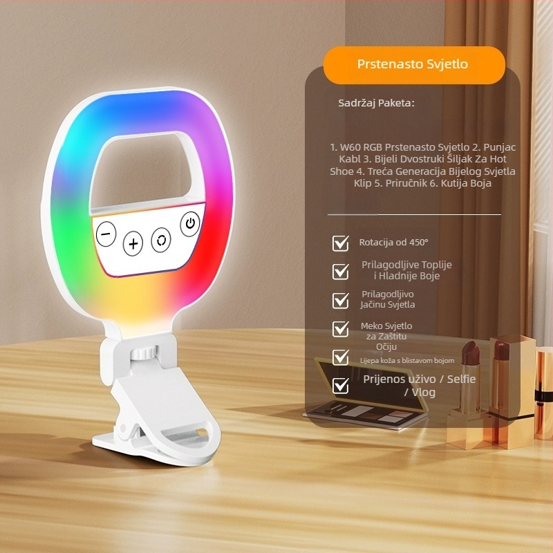 LED svjetlo za telefon – prijenosna ručna svjetiljka za fotografiranje, selfije i prijenos uživo; model W60 RGB; podešiva temperatura boje 2500K–9900K; snaga ispod 10W; 3,7V