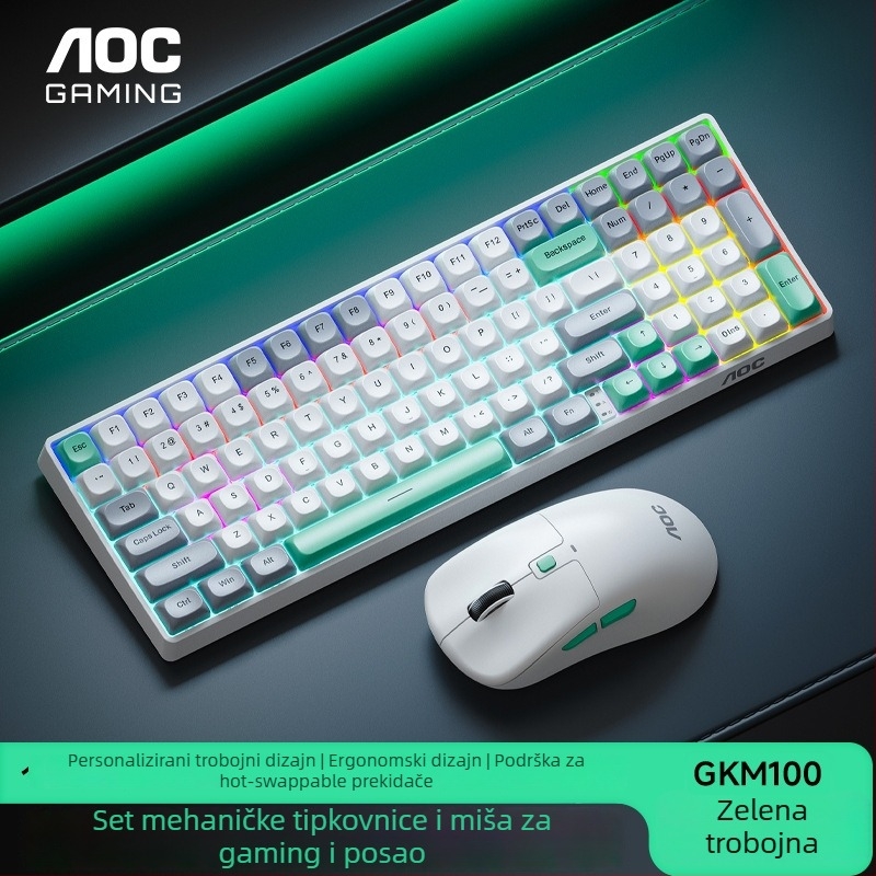 Bezžični AOC GKM100 set: mehanička tipkovnica i miš, tri načina, 2.4G, Bluetooth, hot-swappable, 1600 DPI