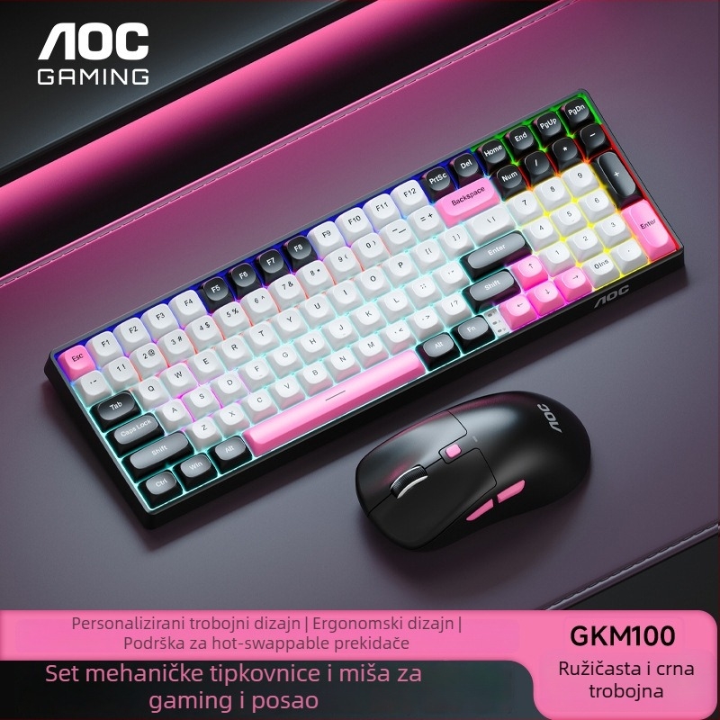 Bezžični AOC GKM100 set: mehanička tipkovnica i miš, tri načina, 2.4G, Bluetooth, hot-swappable, 1600 DPI
