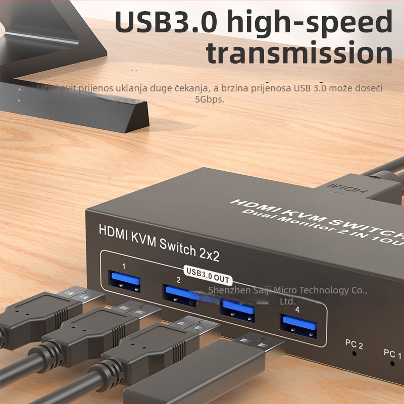 HDMI KVM prekidač, 2 ulaza, 2 izlaza za dva računala, dijeljena tipkovnica i miš, 4K60Hz, Windows 7, model 202-U3-A