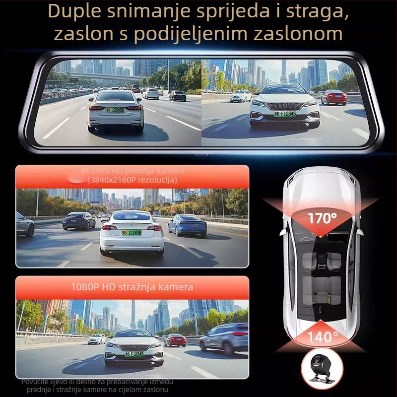 Auto dash kamera s prednjom i stražnjom dvostrukom lećom, 2160p, 5MP, 256GB, Wi-Fi