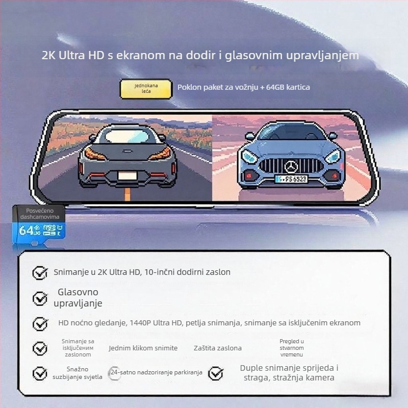 Auto dash kamera s prednjom i stražnjom dvostrukom lećom, 2160p, 5MP, 256GB, Wi-Fi
