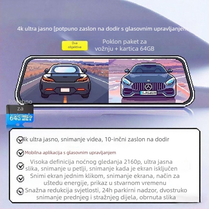 Auto dash kamera s prednjom i stražnjom dvostrukom lećom, 2160p, 5MP, 256GB, Wi-Fi
