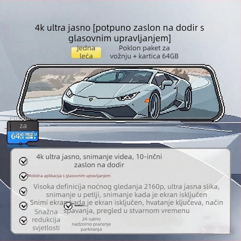 Auto dash kamera s prednjom i stražnjom dvostrukom lećom, 2160p, 5MP, 256GB, Wi-Fi