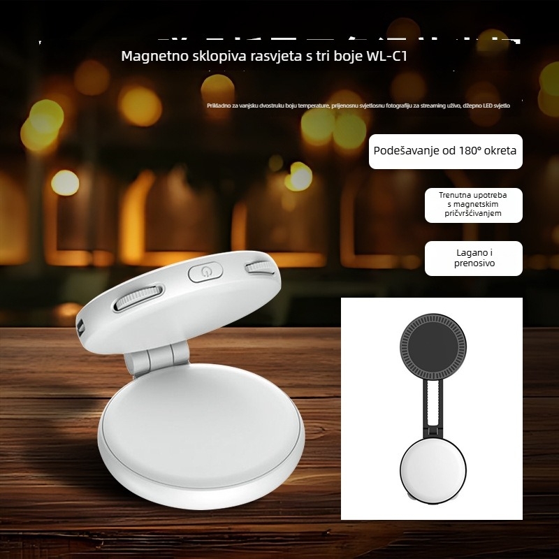 Magnetsko sklopivo džepno LED svjetlo s tri temperature boje za vanjske livestreamove i fotografiranje na telefon — ispod 10W, 3,7V, model WL-C1