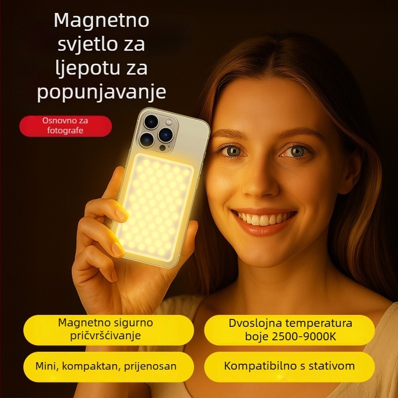 Dvostrana magnetska rasvjeta za mobilno live fotografiranje, prijenosna ručna, tri boje temperature 2500–9900K, snaga ispod 10W