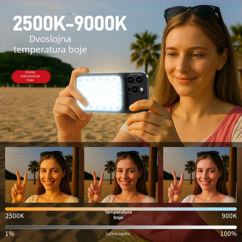 Dvostrana magnetska rasvjeta za mobilno live fotografiranje, prijenosna ručna, tri boje temperature 2500–9900K, snaga ispod 10W