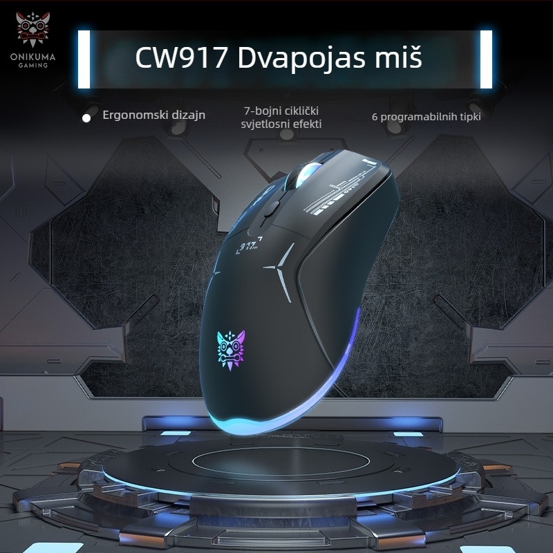 Bežični miš ONIKUMA CW917 (2.4GHz bežično + USB žični priključak, 7 tipki, DPI 5 razina, punjiv, ergonomski dizajn)