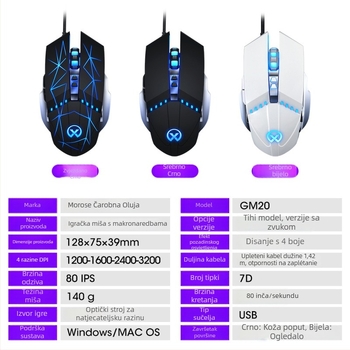 GM20 žičani optički gaming miš, 6 tipki, 1600 DPI, USB, 6 razina DPI