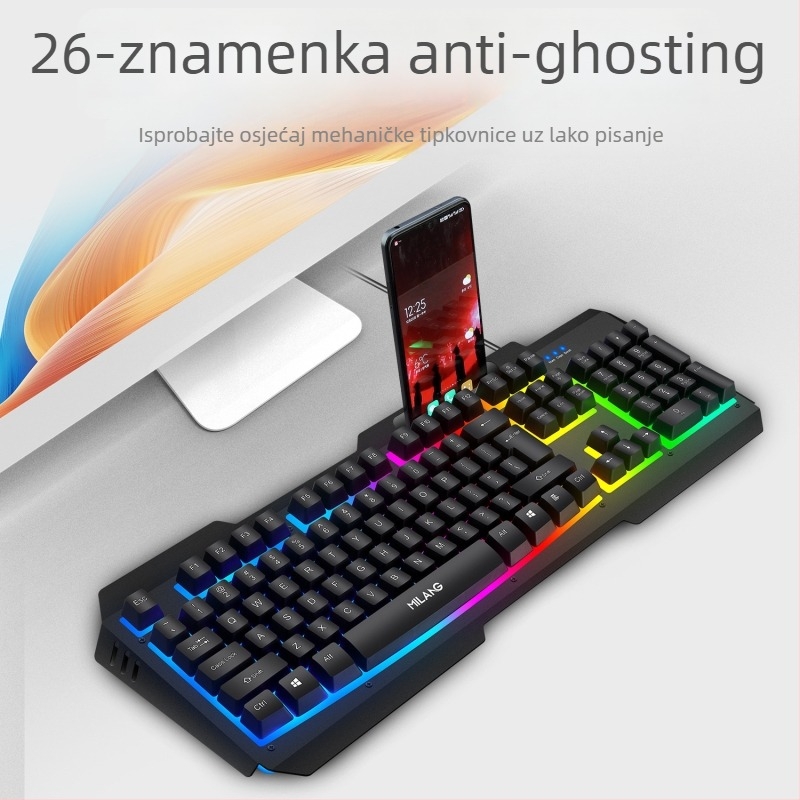 Kablovski set tipkovnice i miša s metalnim kućištem i RGB pozadinskim osvjetljenjem, 1200dpi optički senzor, kabel duljine 1,4 m, ergonomski dizajn, mogućnost tiskanja logotipa