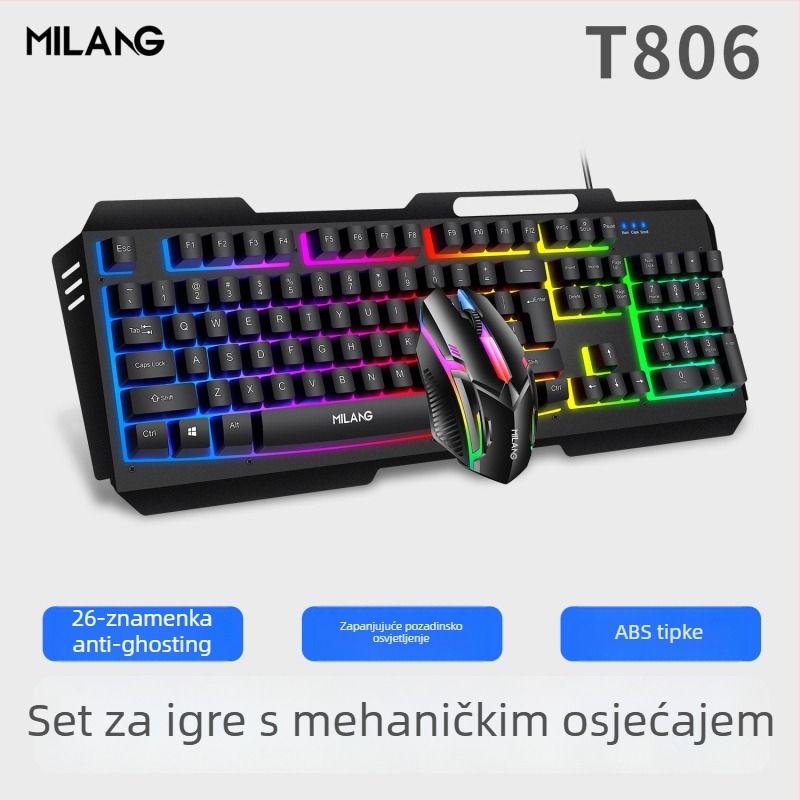 Kablovski set tipkovnice i miša s metalnim kućištem i RGB pozadinskim osvjetljenjem, 1200dpi optički senzor, kabel duljine 1,4 m, ergonomski dizajn, mogućnost tiskanja logotipa