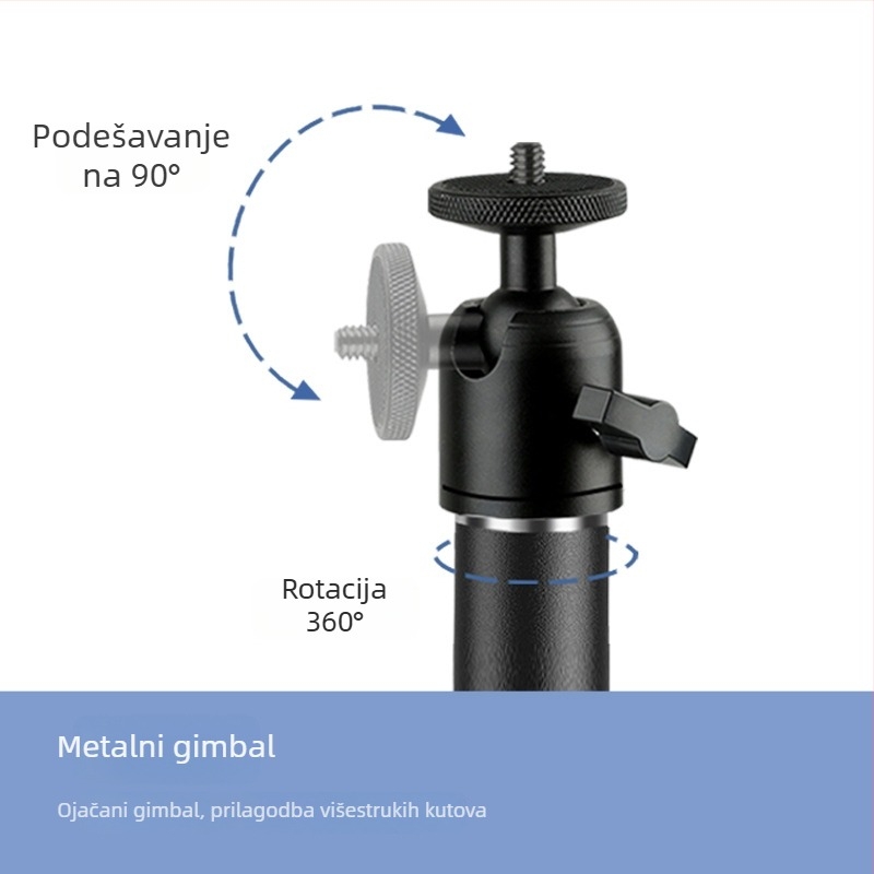 Mini kuglični stativ s metalnom glavom, 1/4″ navoj, za mobitel i kameru, težina oko 101,8 g.