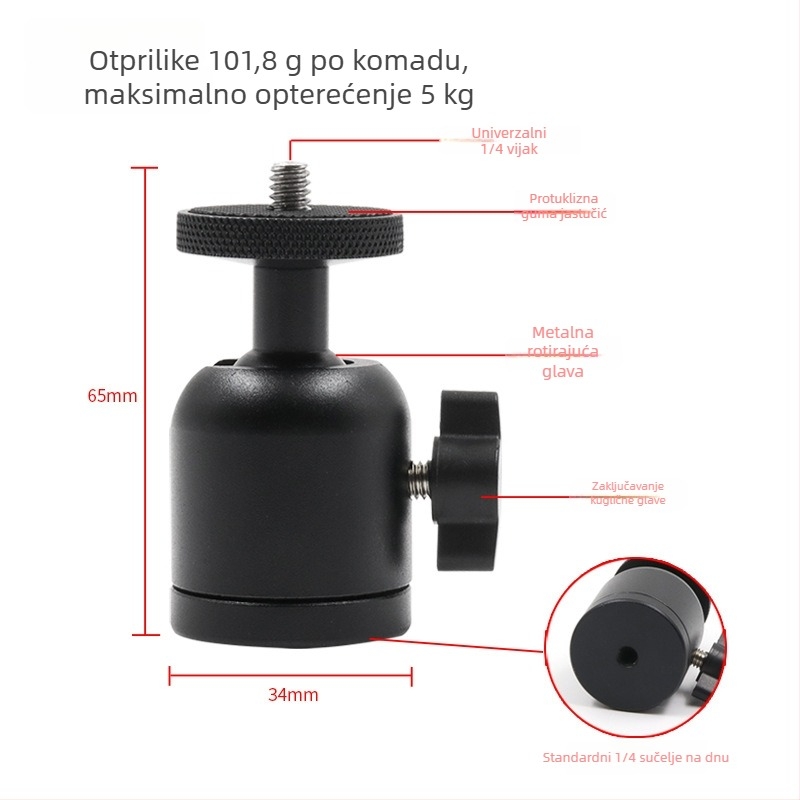 Mini kuglični stativ s metalnom glavom, 1/4″ navoj, za mobitel i kameru, težina oko 101,8 g.