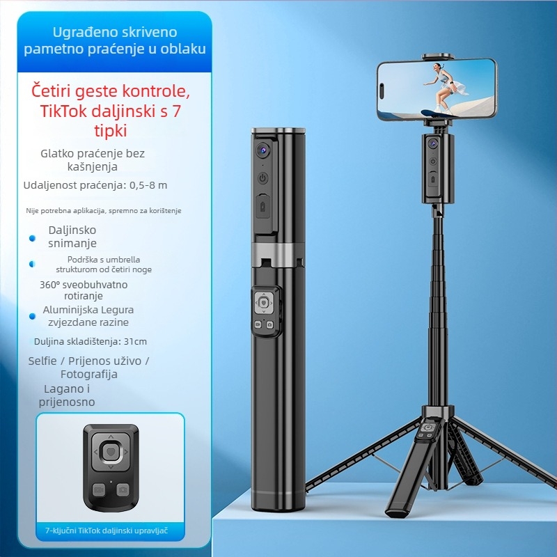 Gimbal selfie štapić s 360° horizontalnom rotacijom i 180° vertikalnim nagibom, prepoznavanje lica i praćenje, Bluetooth upravljanje fotografijama, aluminijska legura