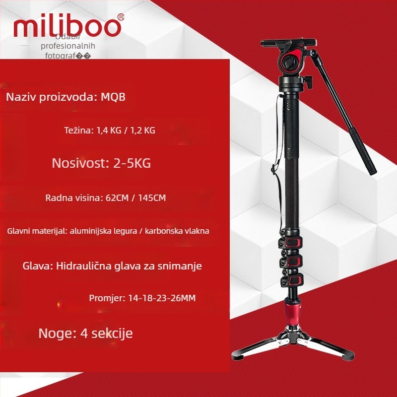 Mibo MQA Monopod za DSLR s hidraulijskom glavom, 4-sekcijski aluminijski monopod, nosivost 2–5 kg, pločica za brzo oslobađanje uključena