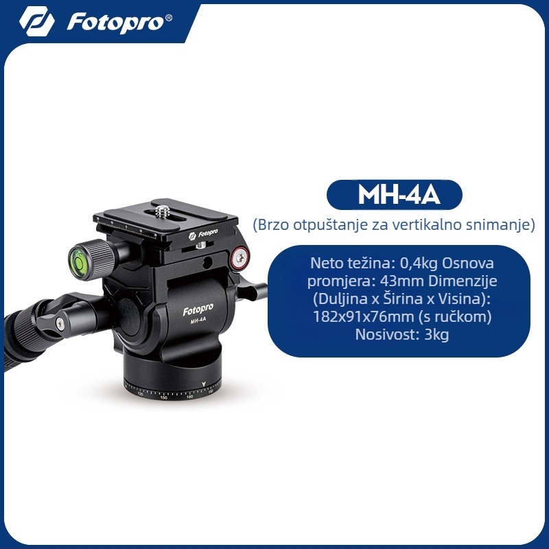 Fotopro hidraulična gimbal glava s bowl nosačem za bezzrcalne kamere – univerzalna, aluminijska legura, vertikalno 360°,horizontalno 90°, težina 0,4 kg