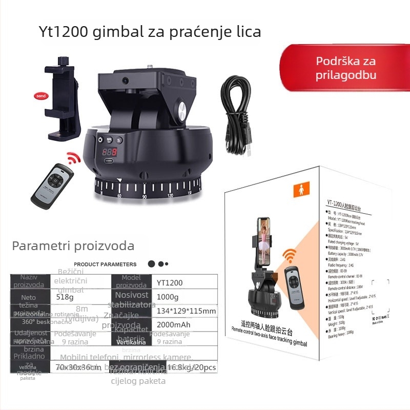 YT1200 Električni gimbal s 360° panoromom i nagibom, daljinsko upravljanje, dvostruka osovina stabilizatora za pametne telefone i kamere, 9 brzina