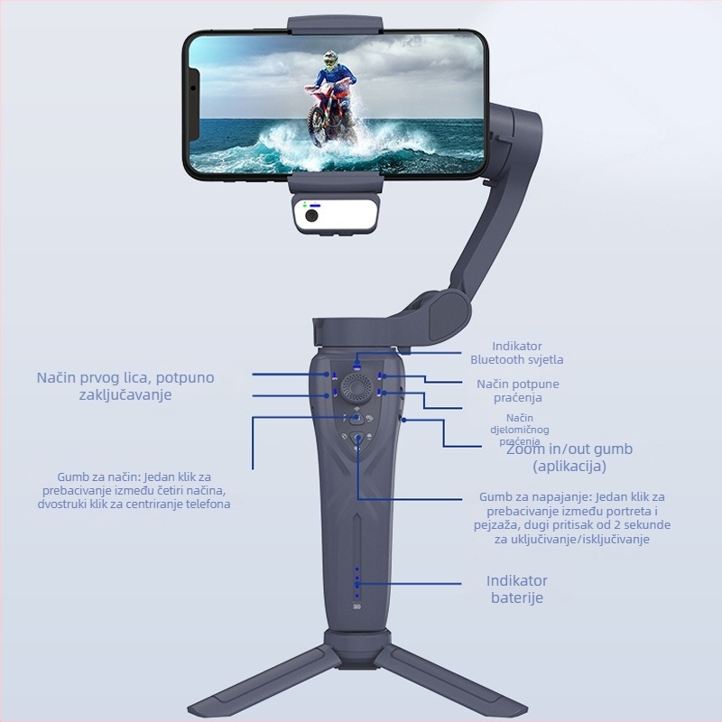 3‑osični gimbal za pametni telefon, sklopiv, bežični, ručni stabilizator s praćenjem lica