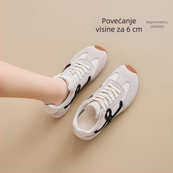 Ženske tenisice za trening s povećanjem visine, retro dizajn s kosom potplatom, fleece podstava, 6-8 cm visina pete, prozračna mrežasta unutrašnjost, gumena podloga otporna na habanje, vezanje špage