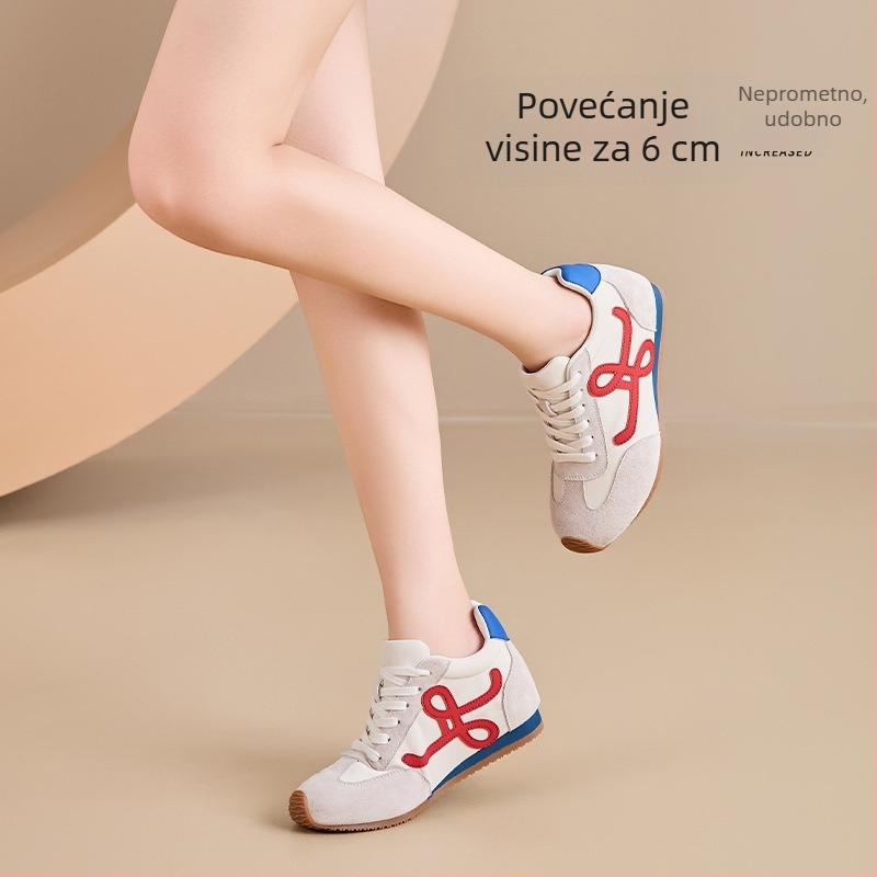 Ženske tenisice za trening s povećanjem visine, retro dizajn s kosom potplatom, fleece podstava, 6-8 cm visina pete, prozračna mrežasta unutrašnjost, gumena podloga otporna na habanje, vezanje špage