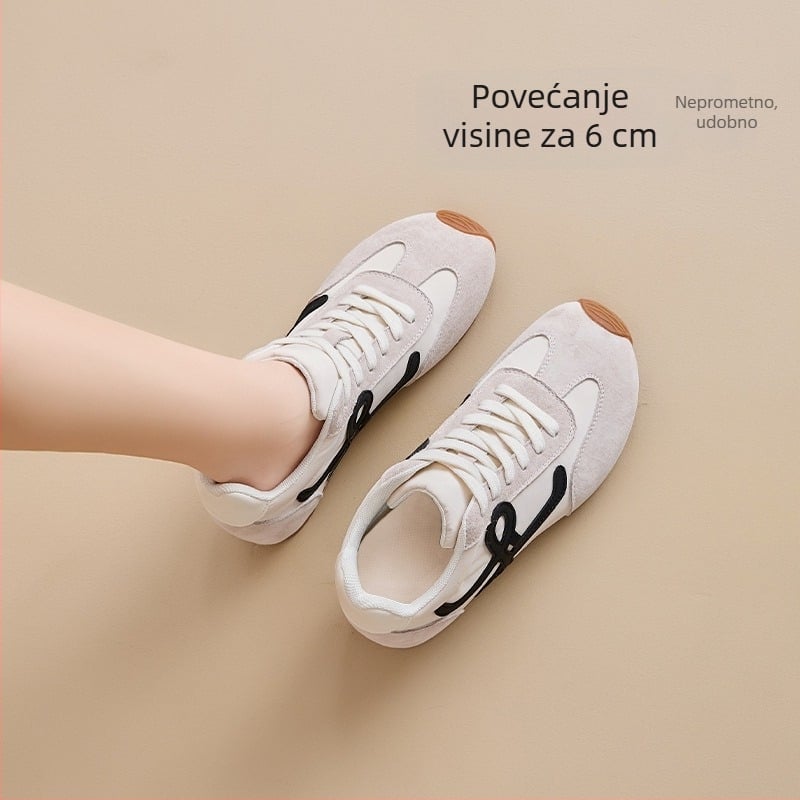 Ženske tenisice za trening s povećanjem visine, retro dizajn s kosom potplatom, fleece podstava, 6-8 cm visina pete, prozračna mrežasta unutrašnjost, gumena podloga otporna na habanje, vezanje špage
