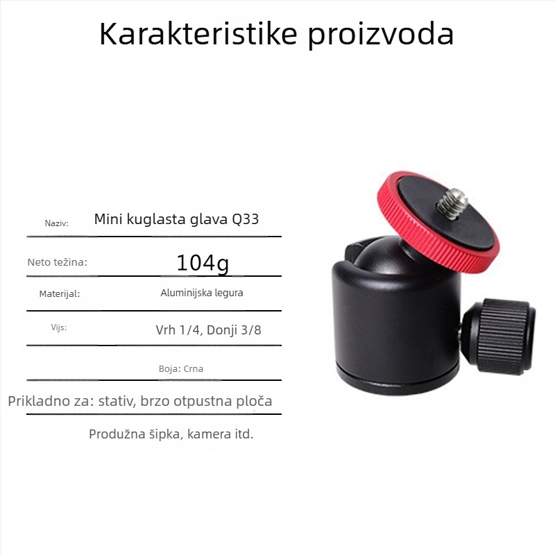 Metalni mini gimbal stativ za telefon s panoramskim 360° rotacijama, aluminijska legura, težina 104 g, podržava 3/8 i 1/4 vijaka, kompatibilan s kamerama, telefonom i stabilizatorima, model Q33