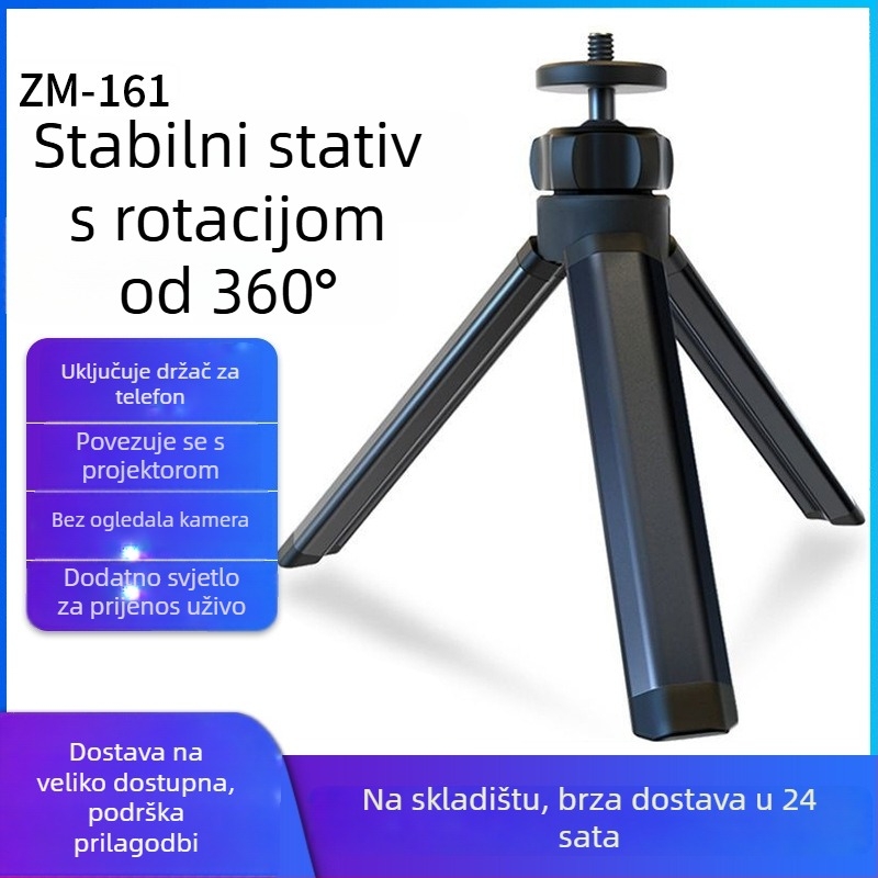 Stolni stativ za kameru — stabilan, kompaktan držač za fotografiju i snimanje na otvorenom; aluminij + plastika, nosivost do 2 kg, težina 0,065 kg, model ZM-161