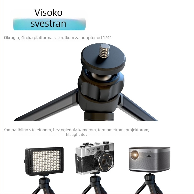 Stolni stativ za kameru — stabilan, kompaktan držač za fotografiju i snimanje na otvorenom; aluminij + plastika, nosivost do 2 kg, težina 0,065 kg, model ZM-161