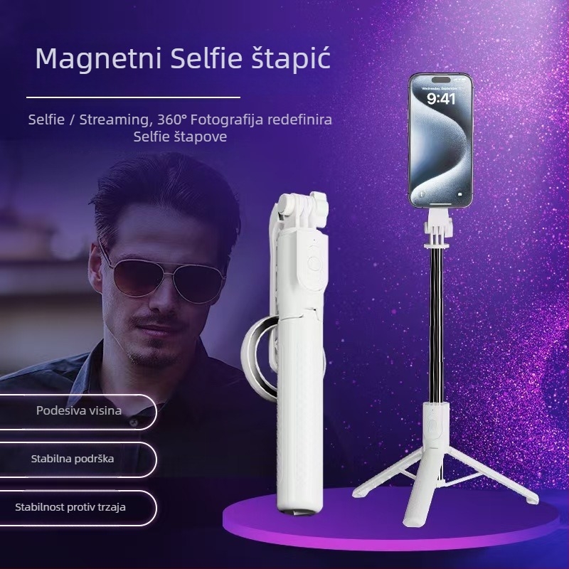 Trokutasti magnetski selfie štapić s tripodom za pametne telefone — 360° rotacija, nehrđajući čelik, proširenje 20–130 cm, daljinski upravljač uključen, kompatibilan s iOS/Android