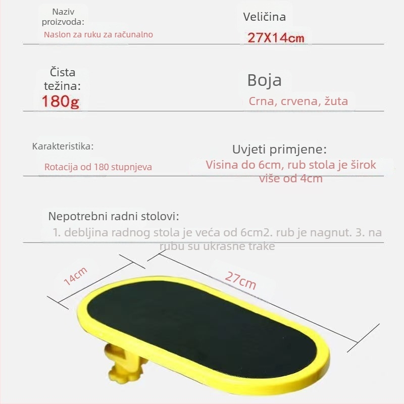 Podloga za ruku za miša i tipkovnicu, rotirajući naslon za zglob, plastika, prilagodljiva, jednostrana
