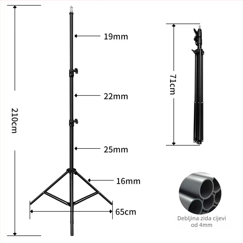 Keen fotografski stativ od karbonskog čelika s podnim nosačem LED rasvjetnog svjetla, 3-dijelni teleskop dizajn, nosivost 10 kg, visina 71–210 cm, promjeri cijevi 25/22/19 mm