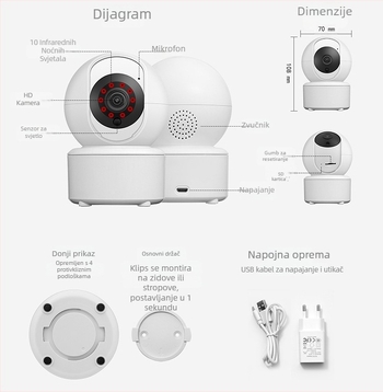 ICSEE bežična kućna kamera — napajanje 5V, plastični PTZ, montaža na zid, na strop ili ravnu površinu