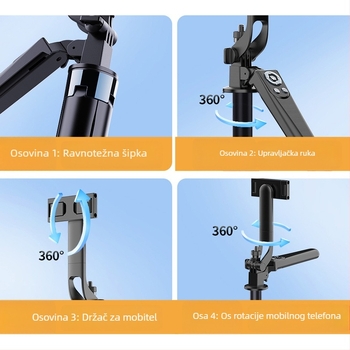 Selfie stativ s četiri noge, aluminijska legura, stabilizacija, Bluetooth daljinski upravljač, rasvjeta