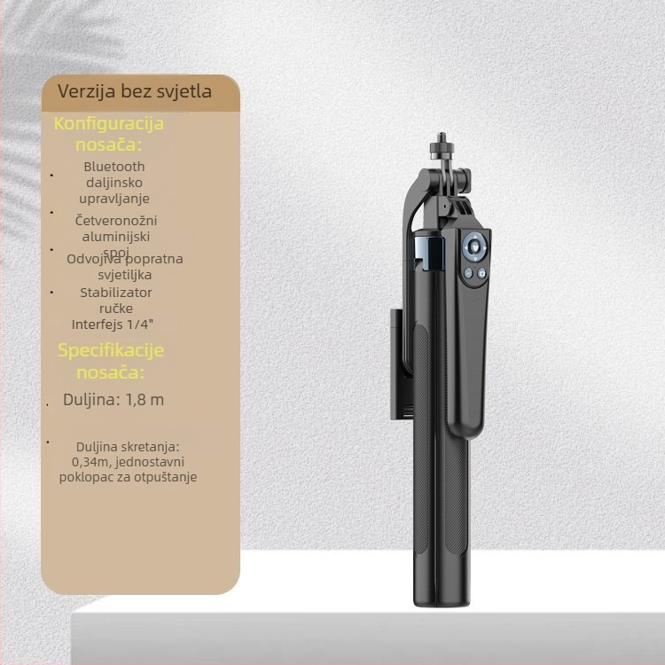 Selfie stativ s četiri noge, aluminijska legura, stabilizacija, Bluetooth daljinski upravljač, rasvjeta